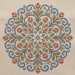 Pode incluir: Um padrão de ponto de cruz detalhado com um design floral simétrico. Apresenta rosas vermelhas, folhas verdes e arabescos azuis sobre um fundo bege. O motivo central é uma flor branca.