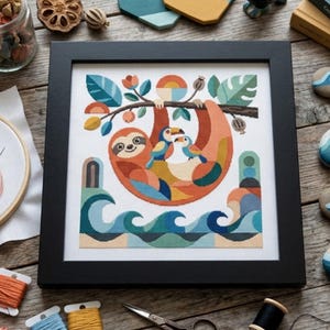 Puede incluir: Un bordado en punto de cruz enmarcado que presenta un perezoso naranja estilizado colgado de una rama marrón con dos pequeños tucanes coloridos. El diseño incluye hojas geométricas, flores y olas azules en la parte inferior.