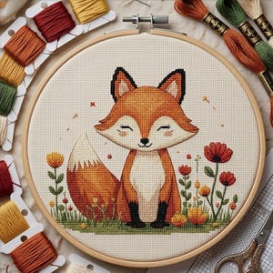May include: A cross-stitch embroidery hoop featuring a smiling fox with orange and white fur, black ears, and closed eyes. The fox is surrounded by red and yellow flowers and green grass. Embroidery floss in various colors is arranged around the hoop.