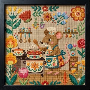 May include: Cross-stitch art of a mouse chef stirring a pot of soup. The mouse wears a chef's hat and apron, surrounded by flowers, herbs, and cooking pots. The artwork is framed in a black square.
