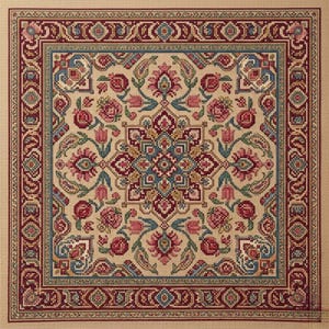 May include: A square, cross-stitched textile with an intricate floral and geometric design. The central pattern is symmetrical, in shades of red, pink, blue, and beige. The border is a deep red with repeating geometric shapes.