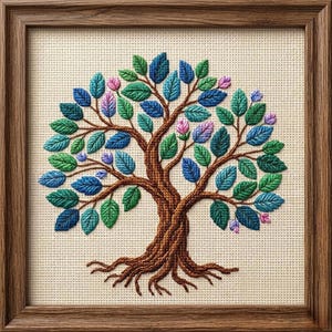 May include: A framed cross-stitch of a tree with a brown trunk and roots, and branches with blue, green, and pink leaves. The artwork is set against a beige background and framed in a wooden frame.