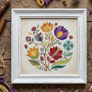 Folk Wildflowers Cross Stitch Pattern: Colorful Botanical Floral Digital Design
