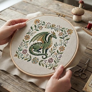 Könnte beinhalten: Ein runder Stickrahmen aus Holz mit einem hellbeigen Stoff, der ein Kreuzstichmotiv zeigt. Das Design besteht aus einem grünen Drachen, der von einem rechteckigen Rahmen aus gestickten Blumen und Blättern in Grün-, Braun- und Violetttönen umgeben ist.