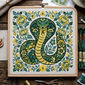 May include: A square wooden embroidery hoop containing a cross-stitch pattern of a central cobra snake surrounded by a decorative border of yellow flowers and green leaves, all stitched on white fabric with a detailed, symmetrical floral design.