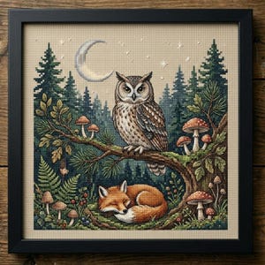 May include: Framed cross-stitch artwork depicting a forest scene. An owl sits on a branch above a sleeping fox. The design includes mushrooms, trees, a crescent moon, and stars, all in a detailed, colourful design. The frame is black.