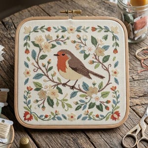 May include: A square cross-stitch embroidery of a bird with brown and red plumage, encircled by a floral wreath. The embroidery is displayed in a wooden hoop, showcasing a detailed needlework design.