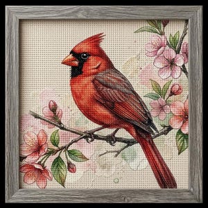 Cardinal Bird Cross Stitch Pattern, Realistic Floral Cherry Blossom Embroidery (Instant Download)