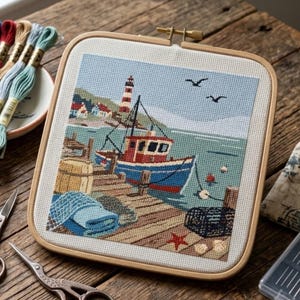 May include: A square wooden embroidery hoop containing a cross-stitch project of a coastal scene. The design features a red and blue fishing boat docked at a wooden pier, a lighthouse on a hill, a barrel, a net, and two birds in a light blue sky.
