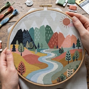 Peut inclure: Un tambour à broder circulaire en bois contenant un paysage au point de croix représentant une rivière sinueuse bleu clair, des collines aux tons jaune, rose et vert, des montagnes sombres et un soleil, brodé sur un tissu gris clair.