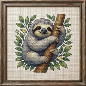 Puede incluir: Obra de arte de punto de cruz de un perezoso sonriente aferrado a una rama marrón, rodeado de hojas verdes y pequeñas flores amarillas. El perezoso tiene pelaje gris y una máscara negra alrededor de los ojos. La obra está enmarcada en un marco de madera marrón rústico.