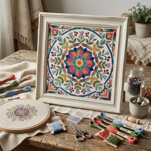 May include: A framed needlepoint embroidery featuring a colorful floral mandala pattern in shades of blue, orange, yellow, and green. The set includes a circular embroidery hoop with a matching design, assorted embroidery floss, and metal scissors.