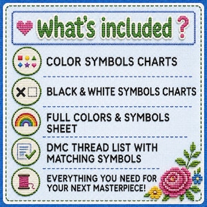 May include: A light blue fabric sign with a stitched border featuring the text What's included? and a list of cross-stitch pattern components: color symbols charts, black and white symbols charts, full colors and symbols sheet, DMC thread list, and the text Everything you need for your next masterpiece! with a rose graphic.