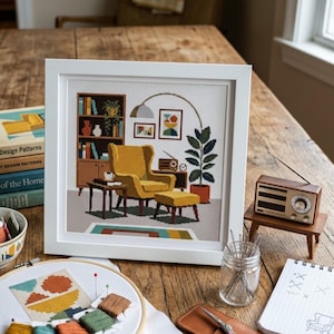 May include: A framed cross-stitch artwork depicting a living room scene with a mustard yellow wingback chair, matching ottoman, a wooden bookshelf, a floor lamp, a potted plant, and a radio, all rendered in a pixelated, grid-based embroidery style.