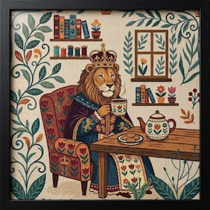 May include: Framed artwork featuring a lion wearing a crown, seated in a chair, holding a cup of tea. The lion is dressed in regal attire, with a teapot and cookies on the table. The background includes bookshelves, a window, and floral patterns.