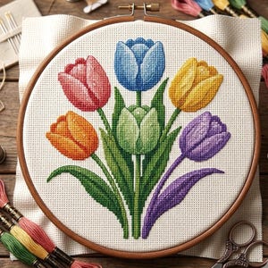 Könnte beinhalten: Kreuzstich-Stickerei mit bunten Tulpen in einem Holzreifen. Die Tulpen sind in Rot-, Orange-, Gelb-, Blau- und Lilatönen gehalten, mit grünen Blättern und Stielen. Der Hintergrund ist ein weißer Stoff. Stickgarn und Schere sind sichtbar.