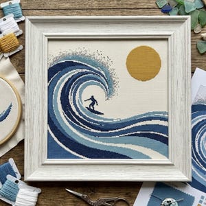 Patrón de punto de cruz de ola de surf, arte costero de surf oceánico (descarga en PDF)