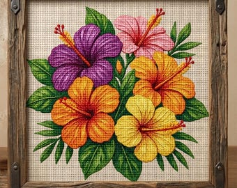 May include: A cross-stitch embroidery of a hibiscus flower bouquet featuring purple, pink, orange, and yellow blossoms with green leaves on a white grid fabric, enclosed in a square, weathered wooden frame with dark metal corner brackets.