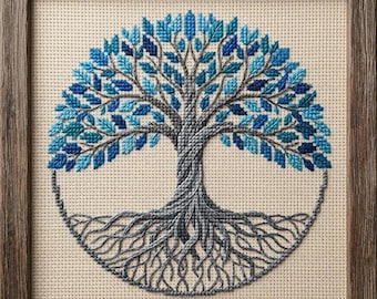 May include: Cross-stitch artwork of a tree with a circular design. The tree features a trunk and roots in gray, with blue and teal leaves. The artwork is framed in a rustic wooden frame, creating a decorative piece.
