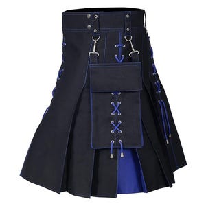 Hybrid Utility Kilt: Black & Blue Cotton, Steampunk Gothic Fashion