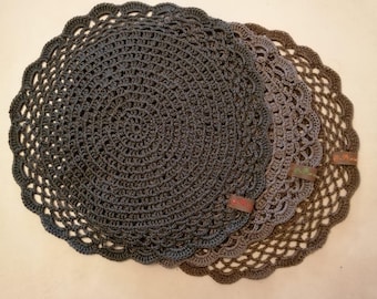 Handmade crochet placemats in dove grey, grey and brown.