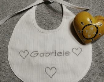 Handcrafted, personalized grey bib with little hearts, with name