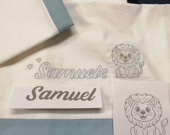 Pram sheet with personalized name, handcrafted sky, with lion