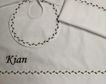 Personalized crib sheet and bib set with name