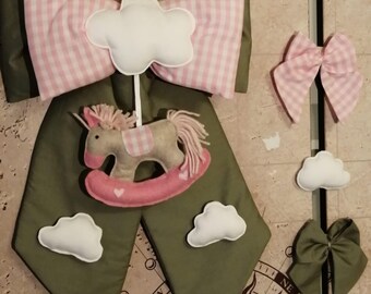 Personalized birth ribbon with a little horse, pink and green, with your name
