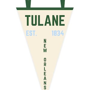 May include: A cream-colored pennant with the word "TULANE" in dark green block letters. Below, "EST. 1834" is in light blue. The words "NEW ORLEANS" are vertically stacked in dark green. The pennant has a dark green top with two vertical green bars.