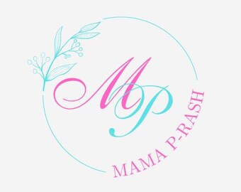 May include: A light blue circle with a pink floral design and the text "MAMA P-RASH" around the circle. The letters "M" and "P" are in pink and blue.