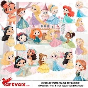 Paquete de princesas PNG / Clipart de princesas en acuarela / Conjunto de lindas princesas PNG para manualidades, cumpleaños y tarjetas, lindas imágenes prediseñadas de princesas de dibujos animados