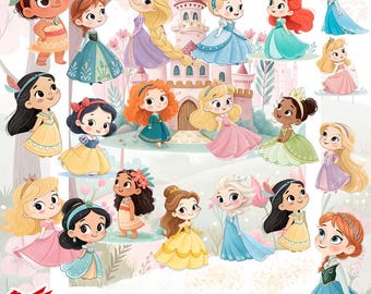 Princess PNG Bundle | Watercolor Princess Clipart | Cute Girl Princesses PNG Set for Crafts Birthday & Cards, cute Cartoon Princess clipart