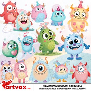 Cute Monster PNG Bundle | Colorful Baby Monster Clipart | Watercolor Monster Party, Sublimation Designs, Digital Stickers