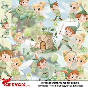 Peter Pan & Tinkerbell Watercolor Clipart Bundle | Fairy PNGs, Magical Forest Kids, Treehouse, Balloons, Fantasy Woodland Art Set