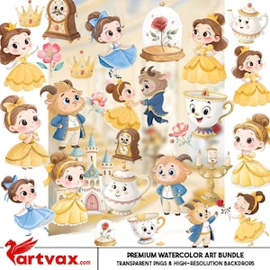 Clipart de acuarela de La Bella y la Bestia / Paquete PNG de Princesa y Bestia / Descarga digital de cuento de hadas
