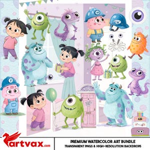 Imágenes prediseñadas de monstruos / Paquete de acuarela Boo y sus amigos PNG para manualidades y decoración infantil