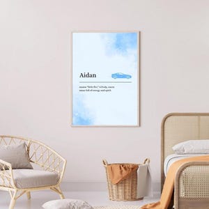 Impresión con el nombre y significado de Aiden, tamaño A4, para pared de habitación infantil