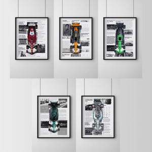 May include: Five framed posters featuring Formula 1 race cars. Each poster displays a different car, with colors including red, orange, green, teal, and silver. The posters have a black frame and include black and white background elements.