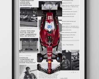 May include: Framed print featuring a Formula 1 race car in red and white, with the number 16. The print includes text about the race, driver quotes, and statistics. The date "5 July, 2025" is visible.