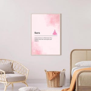 Impresión del nombre y significado de Sara, arte mural infantil A4