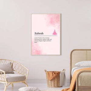 Impresión del nombre y significado de Zahrah, arte mural infantil A4