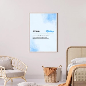 Impresión del nombre y significado de Yahya, arte mural infantil tamaño A4