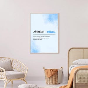 Impresión del nombre y significado de Abdullah, tamaño A4, decoración de pared para habitación infantil