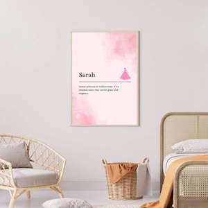 Impresión del nombre y significado de Sarah, arte mural para habitación infantil tamaño A4