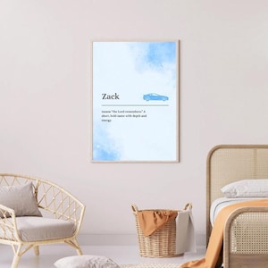 Impresión del nombre y significado de Zack, tamaño A4, para pared de habitación infantil