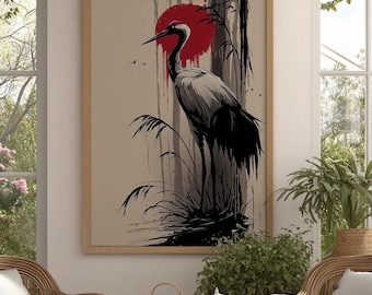 Japanese Crane Art Print, Red Sun Ink Style Poster, Traditional Nature Wall Decor