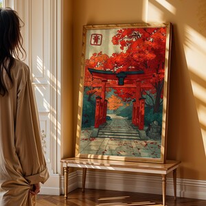 Autumn Torii Gate Art Print, Japanese Shrine Path Poster, Red Maple Wall Decor image 5