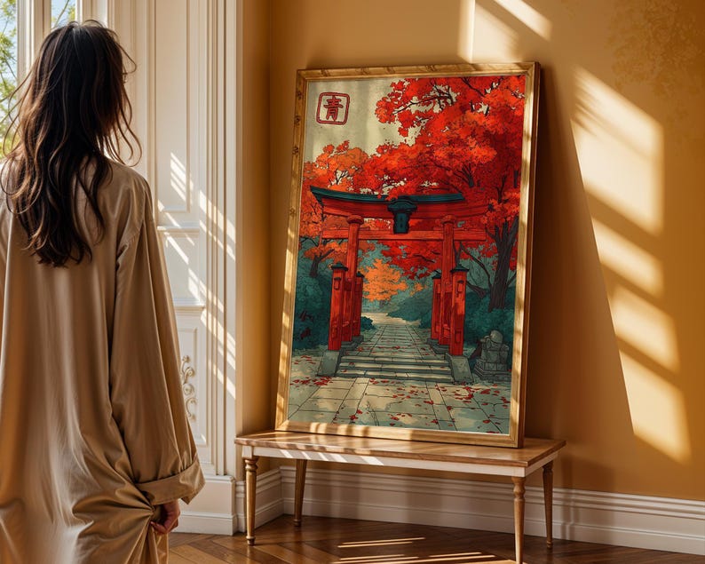 Autumn Torii Gate Art Print, Japanese Shrine Path Poster, Red Maple Wall Decor image 5