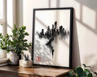 Japanese Sumi-e Skyline Art Print, Minimalist Ink Wash Poster